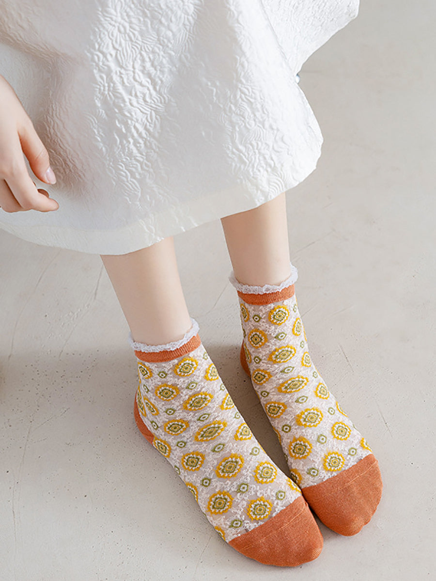 5 Pairs Women Flower Jacquard Lace Socks AS1010