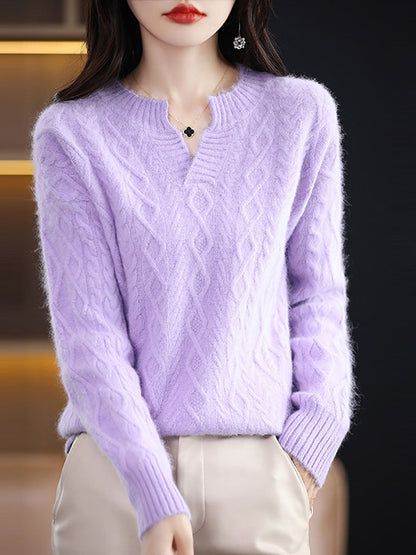 Women Autumn V-Neck Wool Twist Knit Sweater AX1030