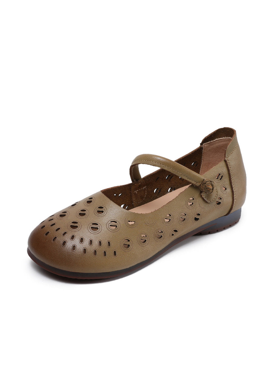 Genuine Shoes Women Summer Hollow Out Heel Low Leather