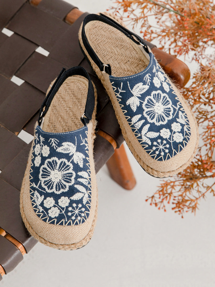 Sandales pour femmes en lin brodées de fleurs ethniques