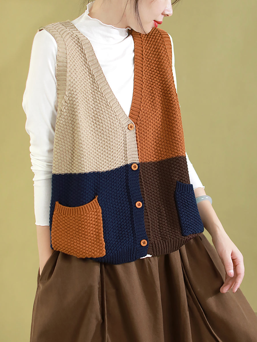 Women Autumn Colorblock Knitted V-Neck Vest CV1029