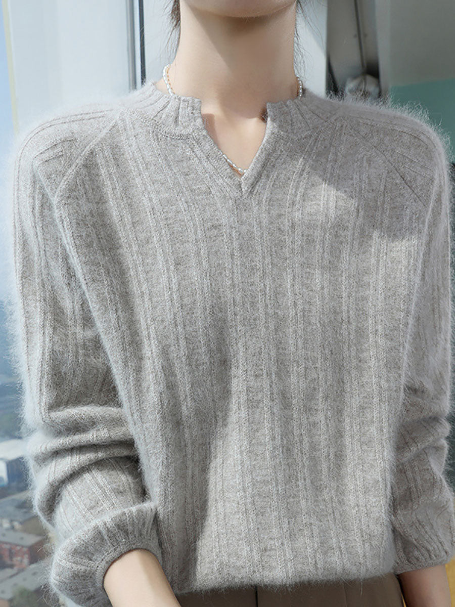 Pull en tricot chaud en laine unie à col en V pour femme AV1013 