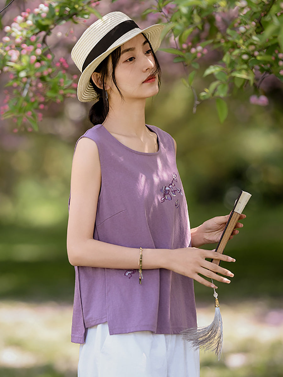 Women Summer Artsy Rmboidery O-Neck Cotton Vest PP1042