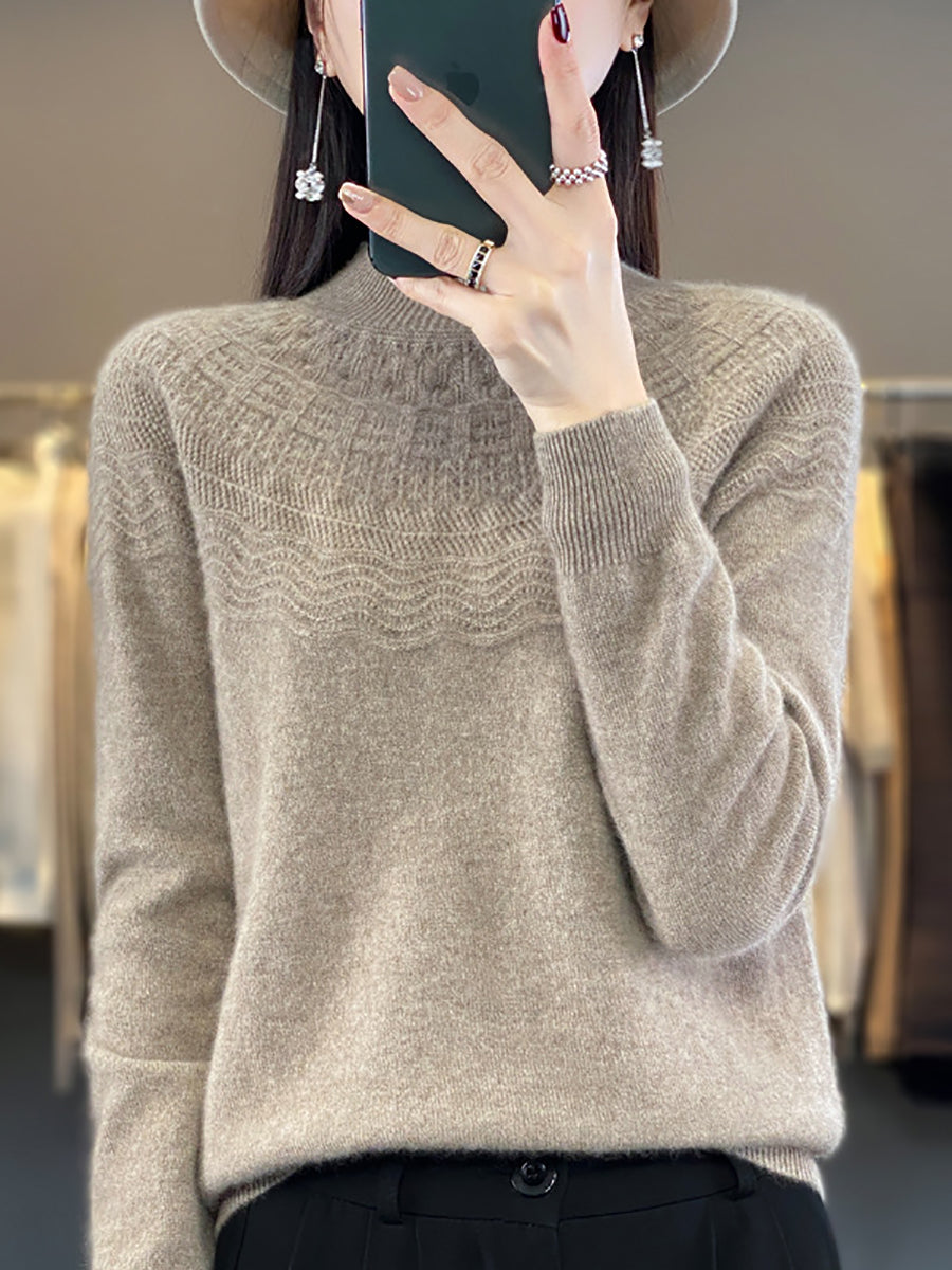 Women Autumn Cable Knit 100%Wool Half Turtleneck Sweater QN031