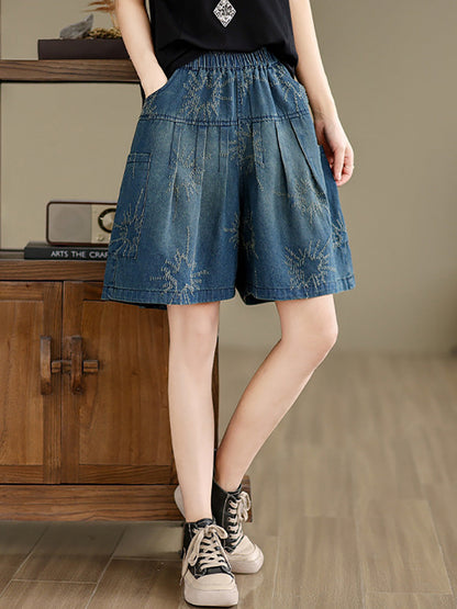 Women Summer Retro Star Jacquard Denim Fifth Pants CC012