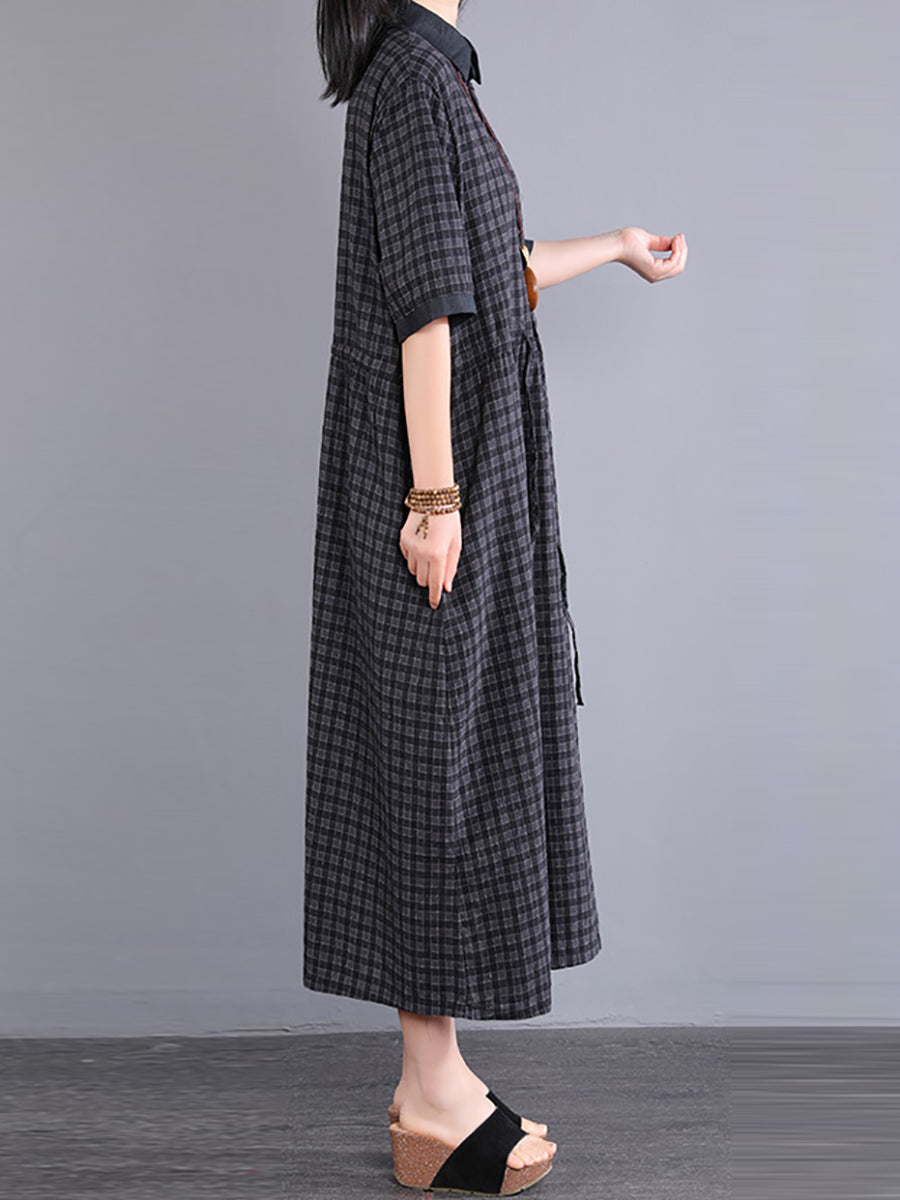 Plus Size Women Artsy Plaid Cotton Linen Dress KL1021