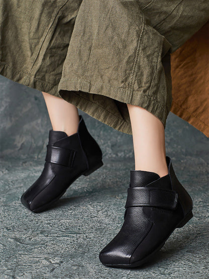 Women Artsy Leather Spliced Square Collar Ankle Boots BA1033