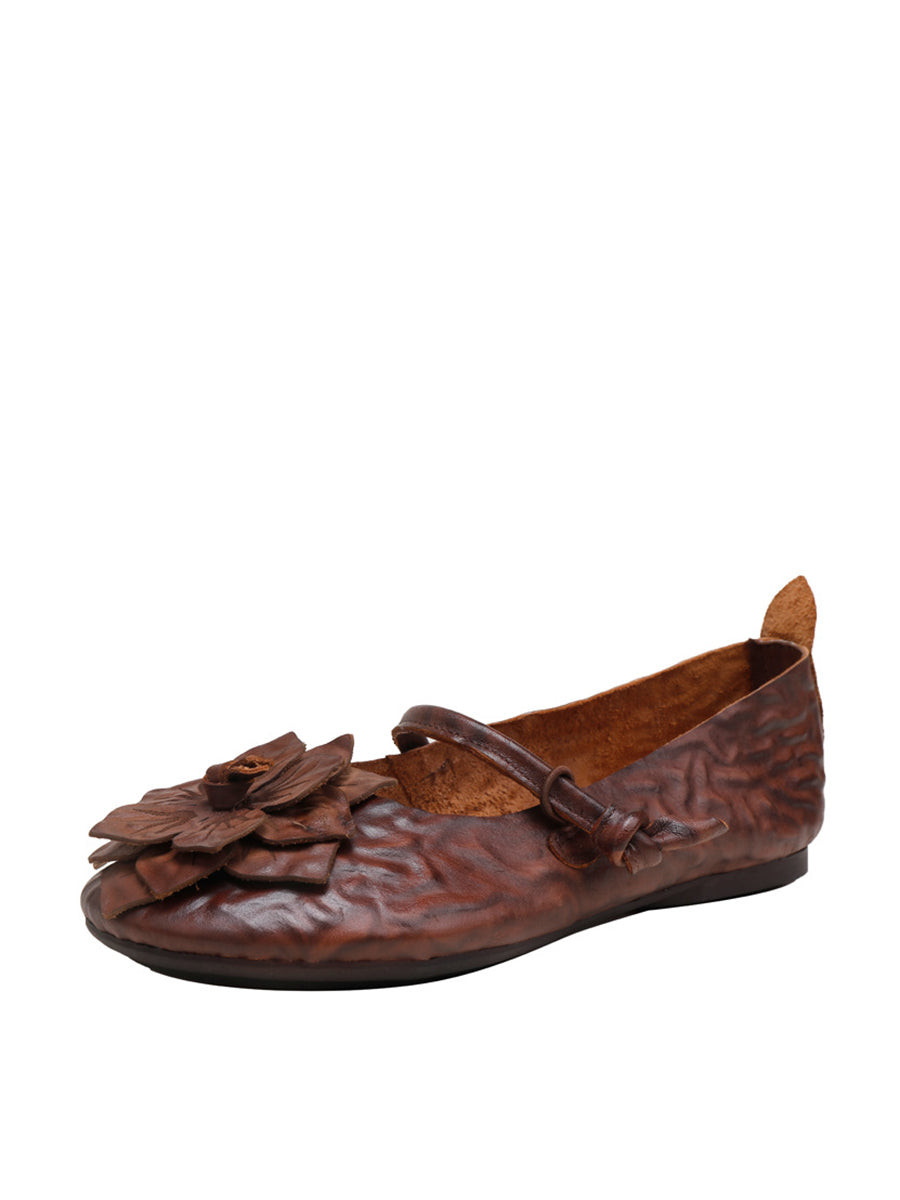 Women Summer Artsy Flower Leather Flat Shoes AA1005
