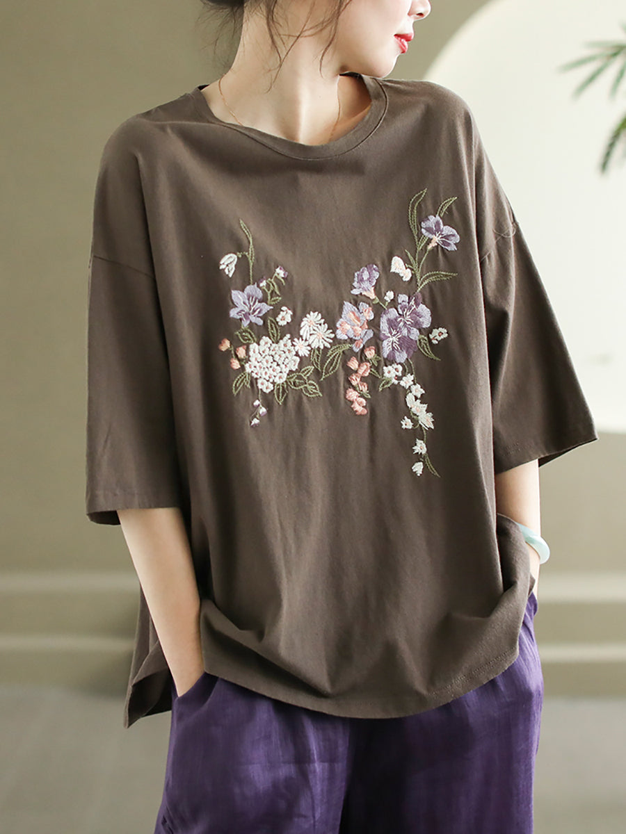 Women Summer Flower Embroidery Cotton O-Neck Shirt AS1007