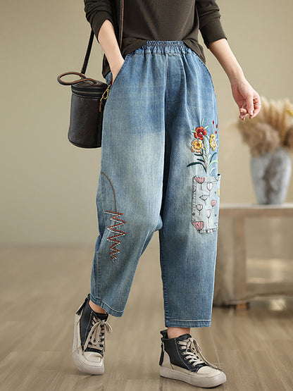 Women Autumn Artsy Flower Embroidery Denim Harem Pants AI1074