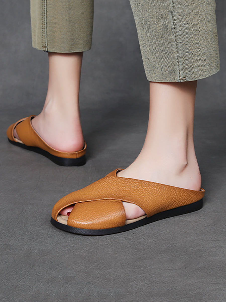 Women Summer Solid Leather X-Spliced Flat Slippers UI1032