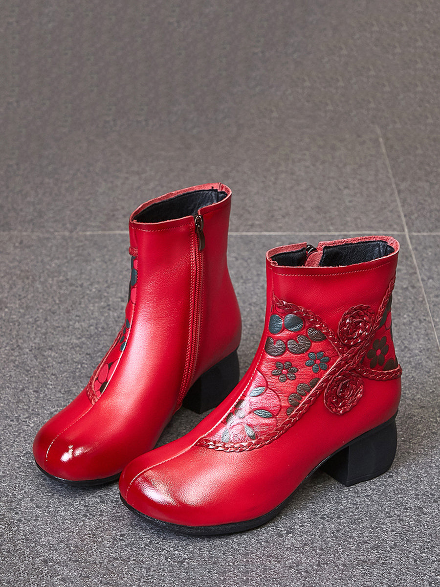 Women Ethnic Winter Flower Spliced Leather Mid-Heel Boots AI1013