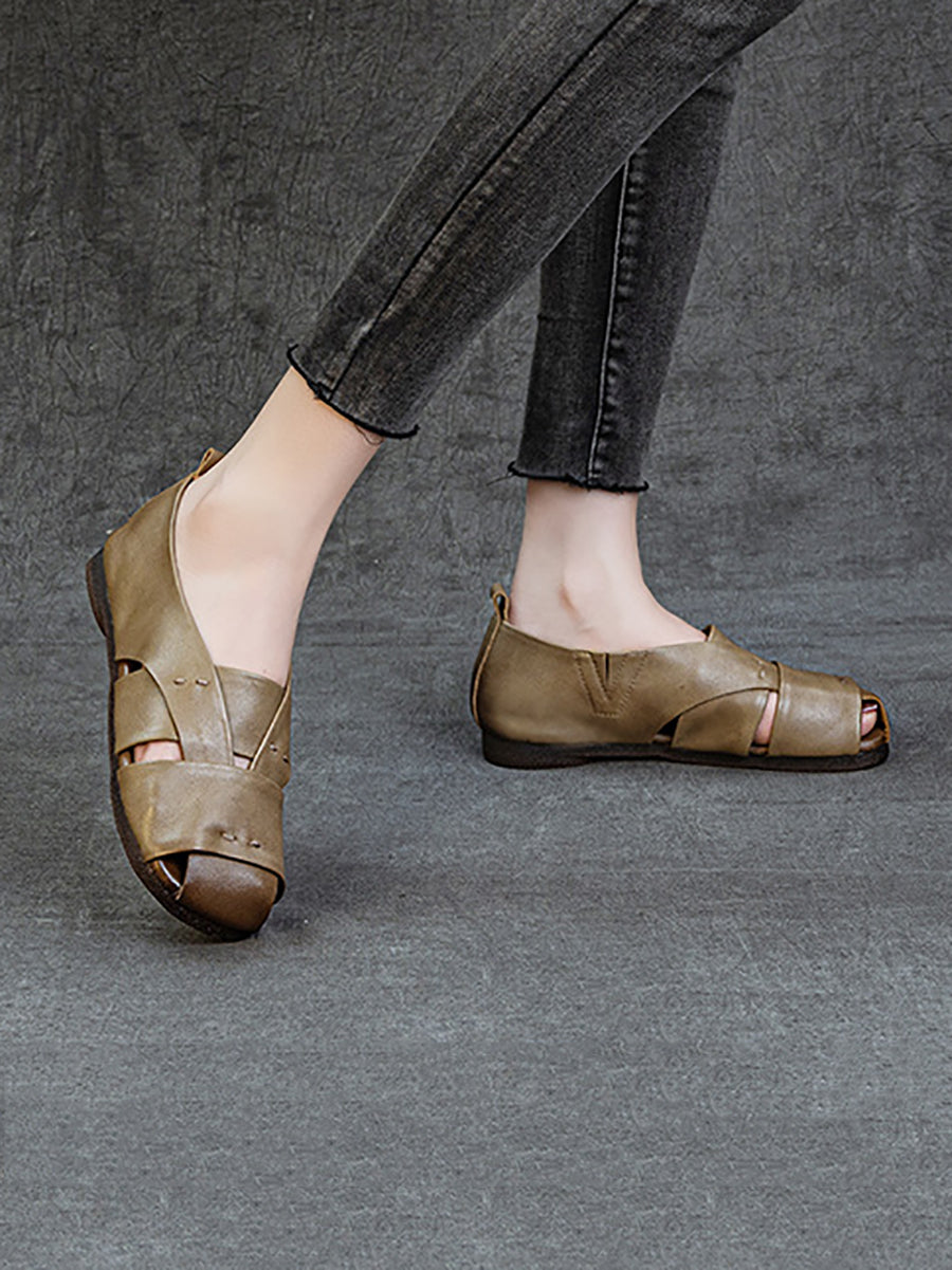 Sandales plates vintage en cuir véritable pour femmes