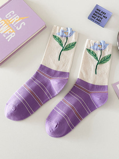 5 Pairs Women Artsy Flower Cotton Socks IO1012