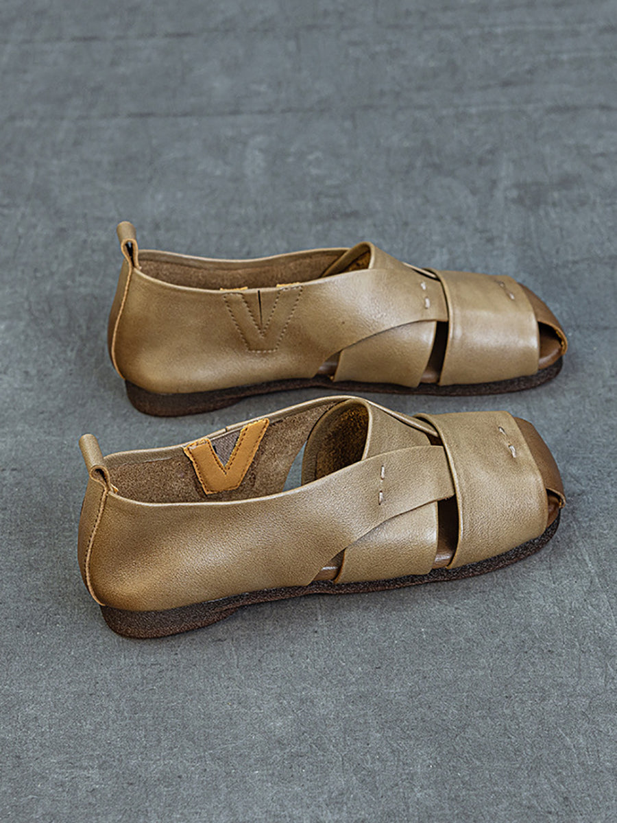 Sandales plates vintage en cuir véritable pour femmes