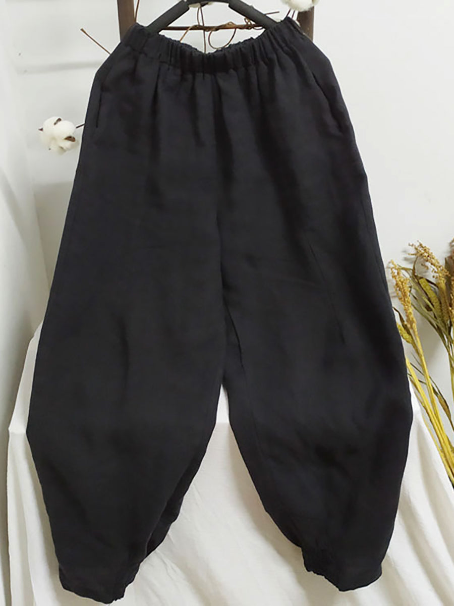 Women Spring Vintage Solid Solid Ramie Loose Pants KL1032