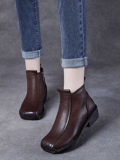 Women Autumn Genuine Leather Spliced Mid-Heel Boots AH1050