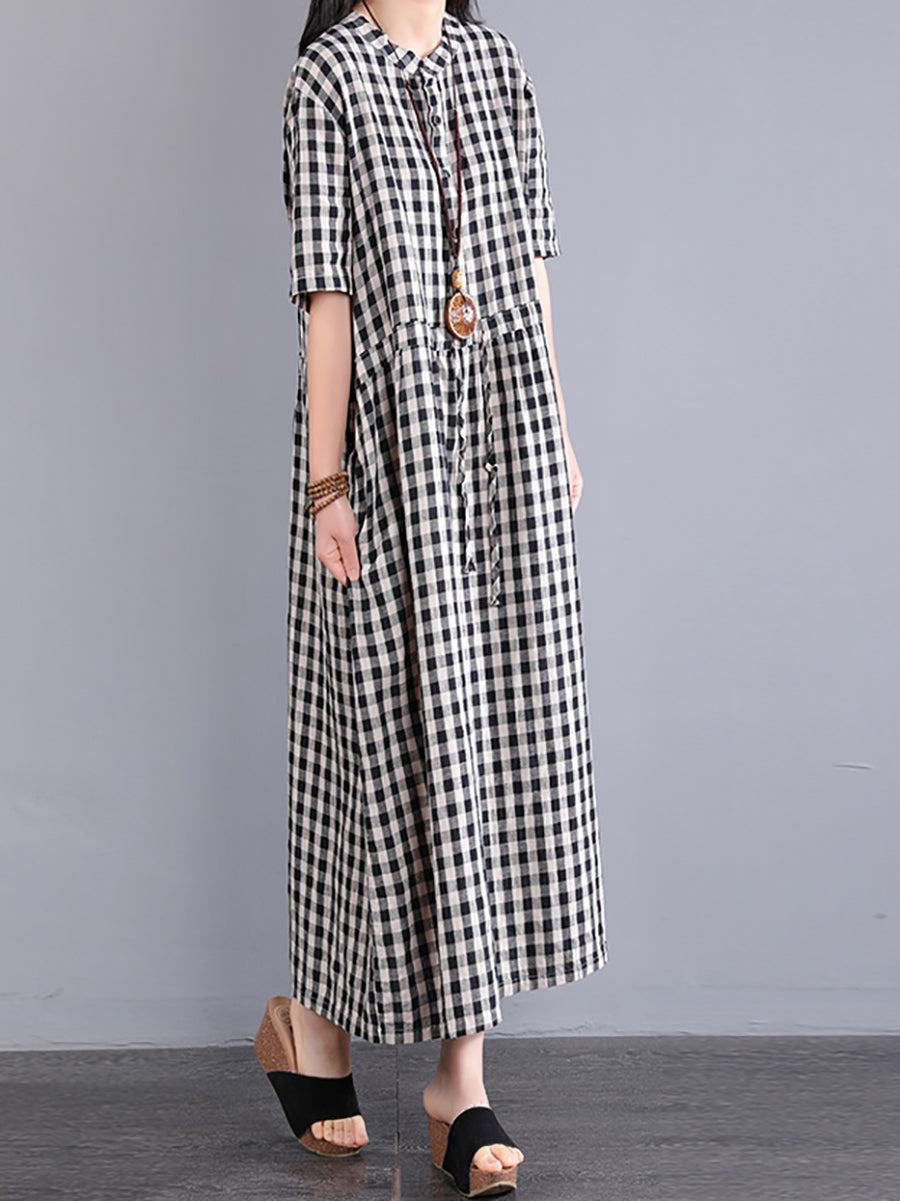 Plus Size Women Casual Plaid Summer Cotton Linen Dress SC1061