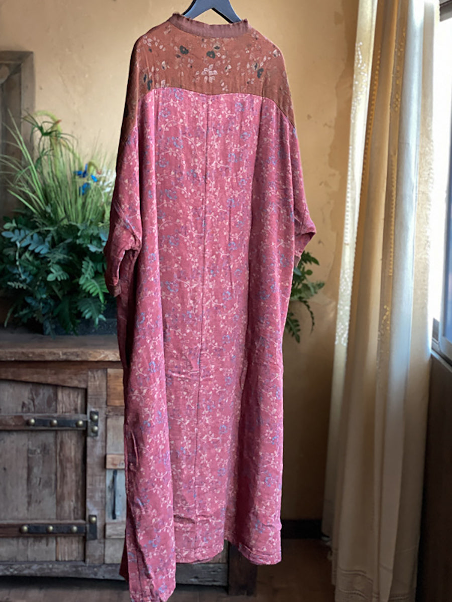 Women Vintage Floral Colorblock Button-up Long Shirt Dress KL1034