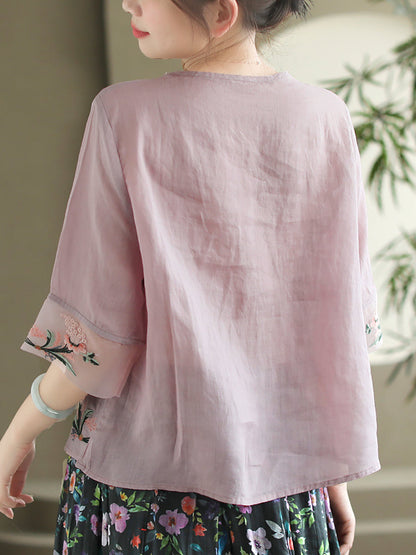 Women Summer Vintage Floral Embroidery Ramie Shirt AS1045