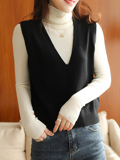 Women Casual Wool Solid V-Neck Knit Vest AK1045