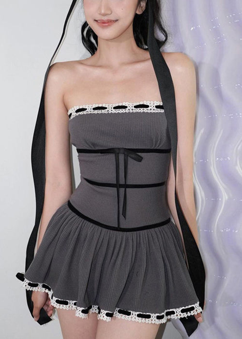 Dress Sleeveless Cotton Cold Fit Mini Shoulder Bow Slim Grey