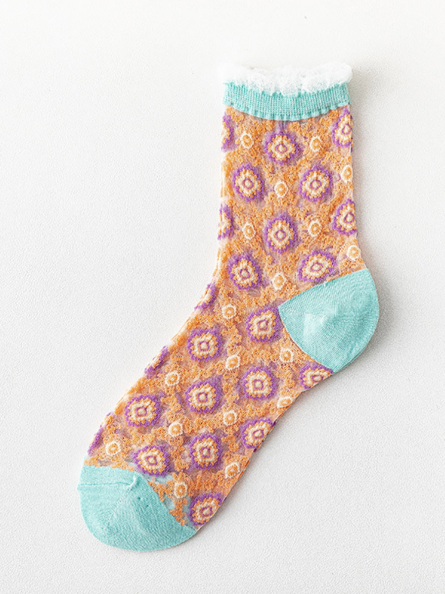 5 Paar Damen Blumen Jacquard Spitzensocken AS1010