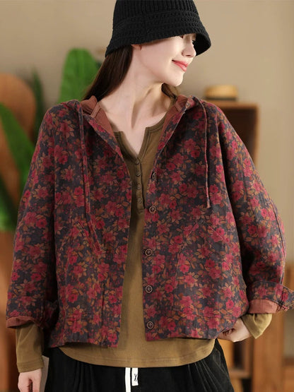 Women Vintage Autumn Flower Button Cotton Linen Hooded Coat AH1013