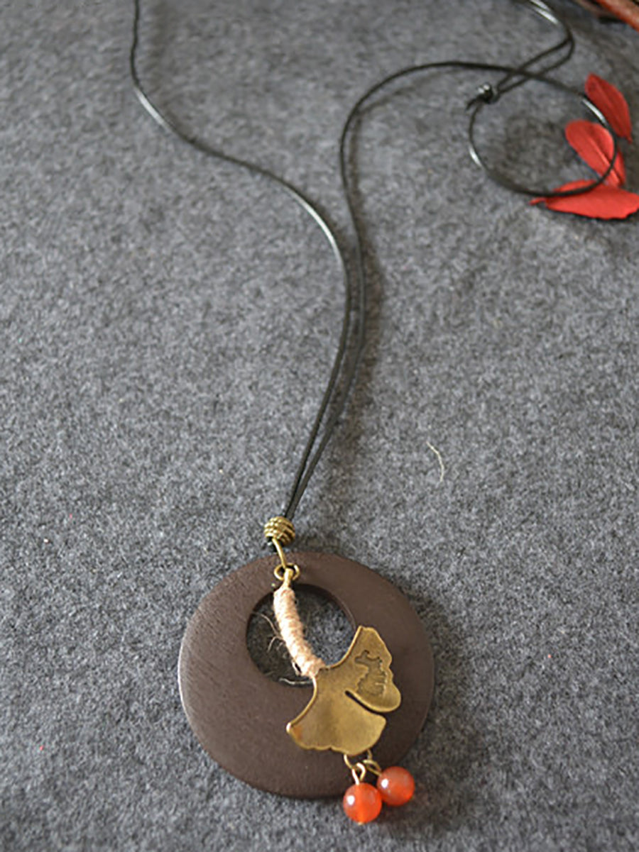 Collier rond en bois avec feuille en alliage pour femme KL1042