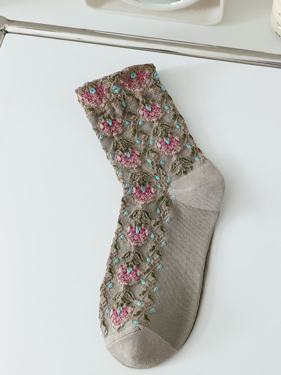 Lot de 5 paires de chaussettes en coton jacquard floral artistique pour femmes AS1030