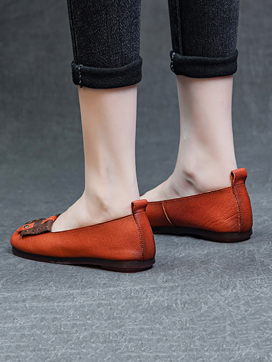 Women Summer Ethnic Colorblock Leahter Soft Flat Shoes KL1025