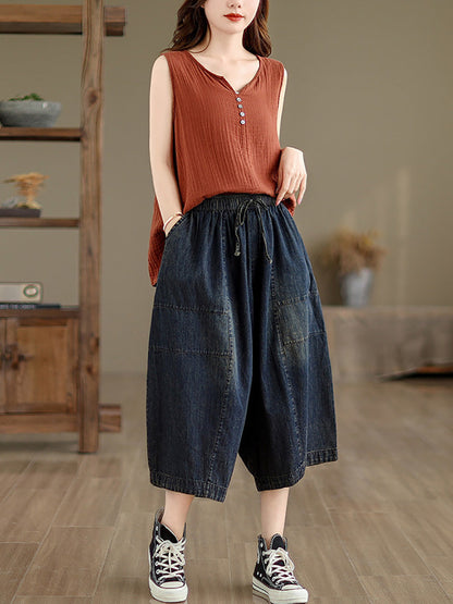 Women Summer Casual Solid Denim Spliced Wide-leg Pants PP1002