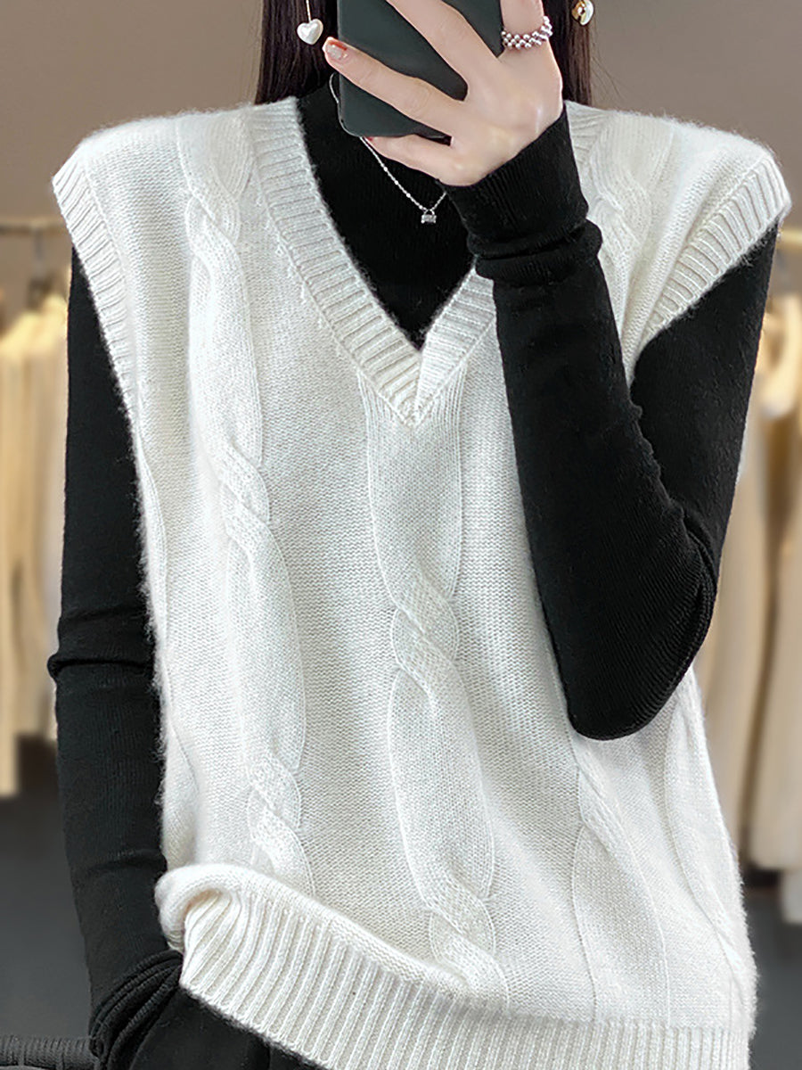 Women Casual Autumn Wool V-Neck Cable Knit Vest QN024