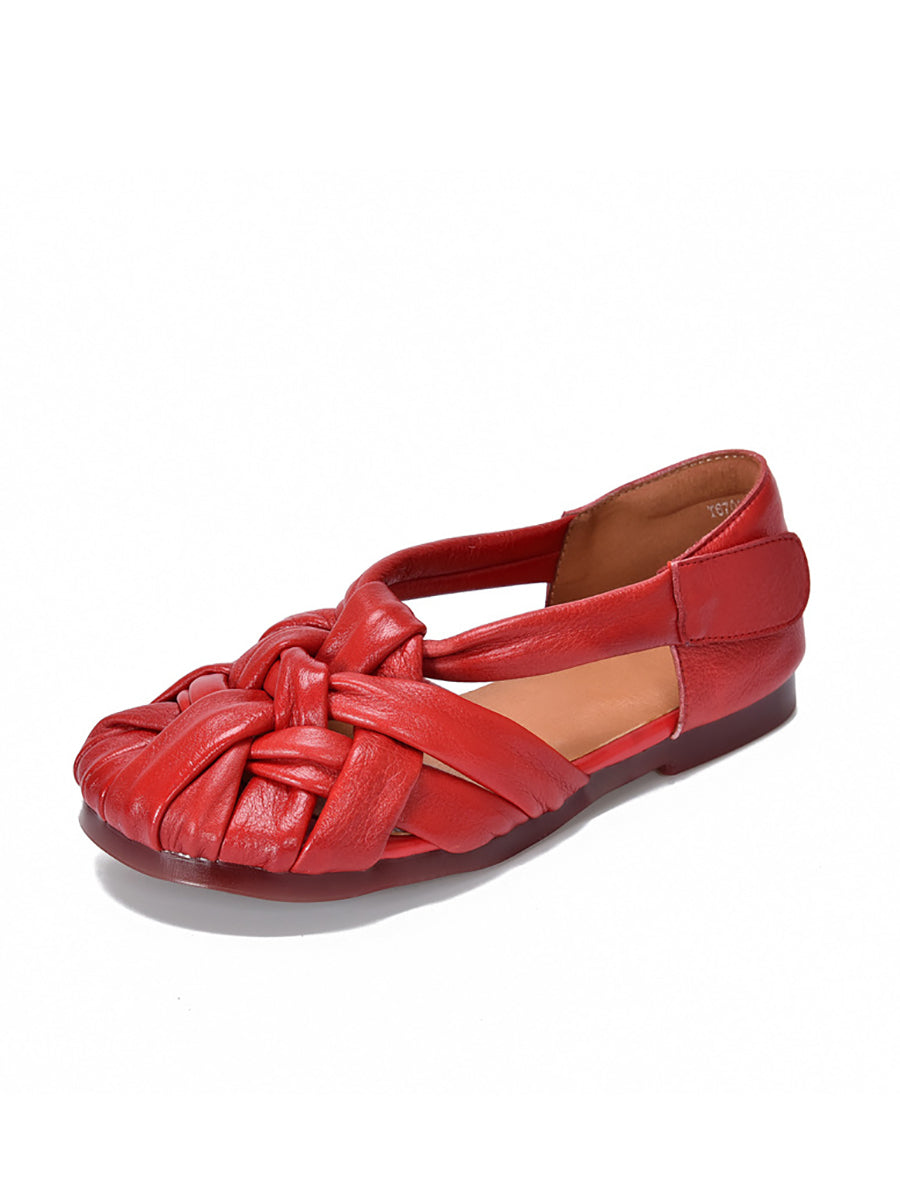 Sommer Leder Flache Retro Frauen Weben Echte Schuhe