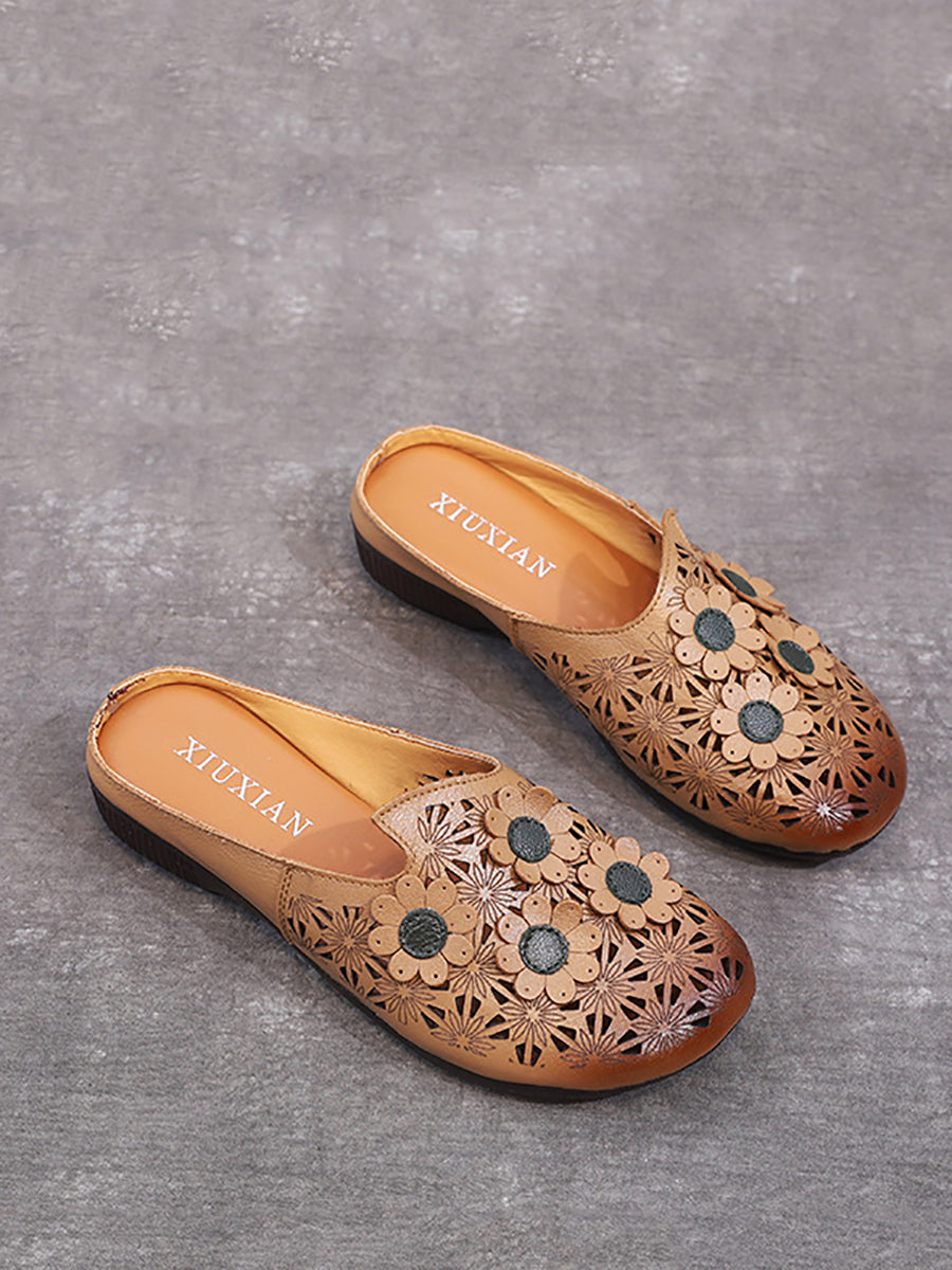 Women Summer Leather Flower Spliced Cutout Slippers OO1019