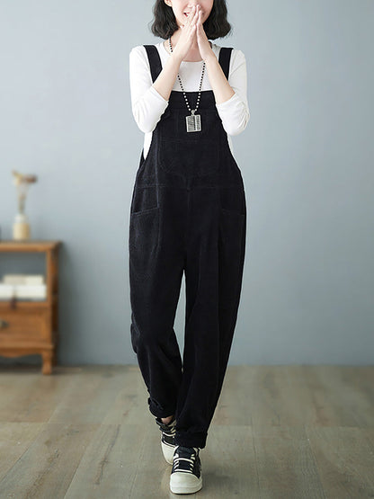 Women Casual Autumn Solid Corduroy Loose Jumpsuits AH1009