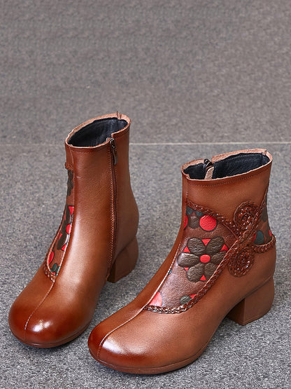 Women Ethnic Winter Flower Spliced Leather Mid-Heel Boots AI1013