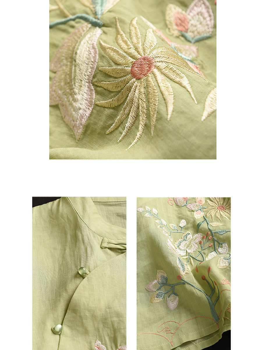 Women Vintage Floral Embroidery Ramie Stand Collar Shirt WE1038