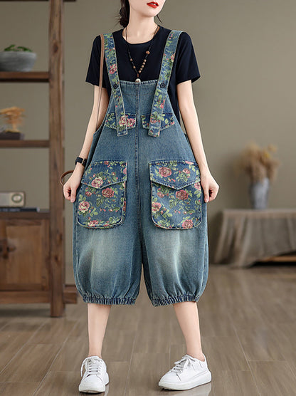 Women Summer Retro Flower Spliced Denim Jumpsuits ZZ1021