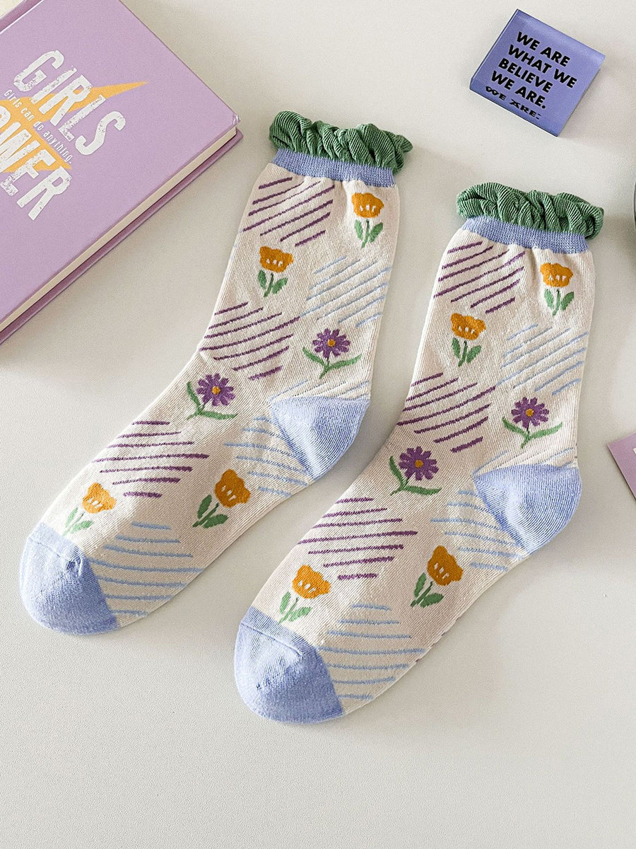 5 Paar Damen Baumwollsocken mit Blumenmotiv IO1012