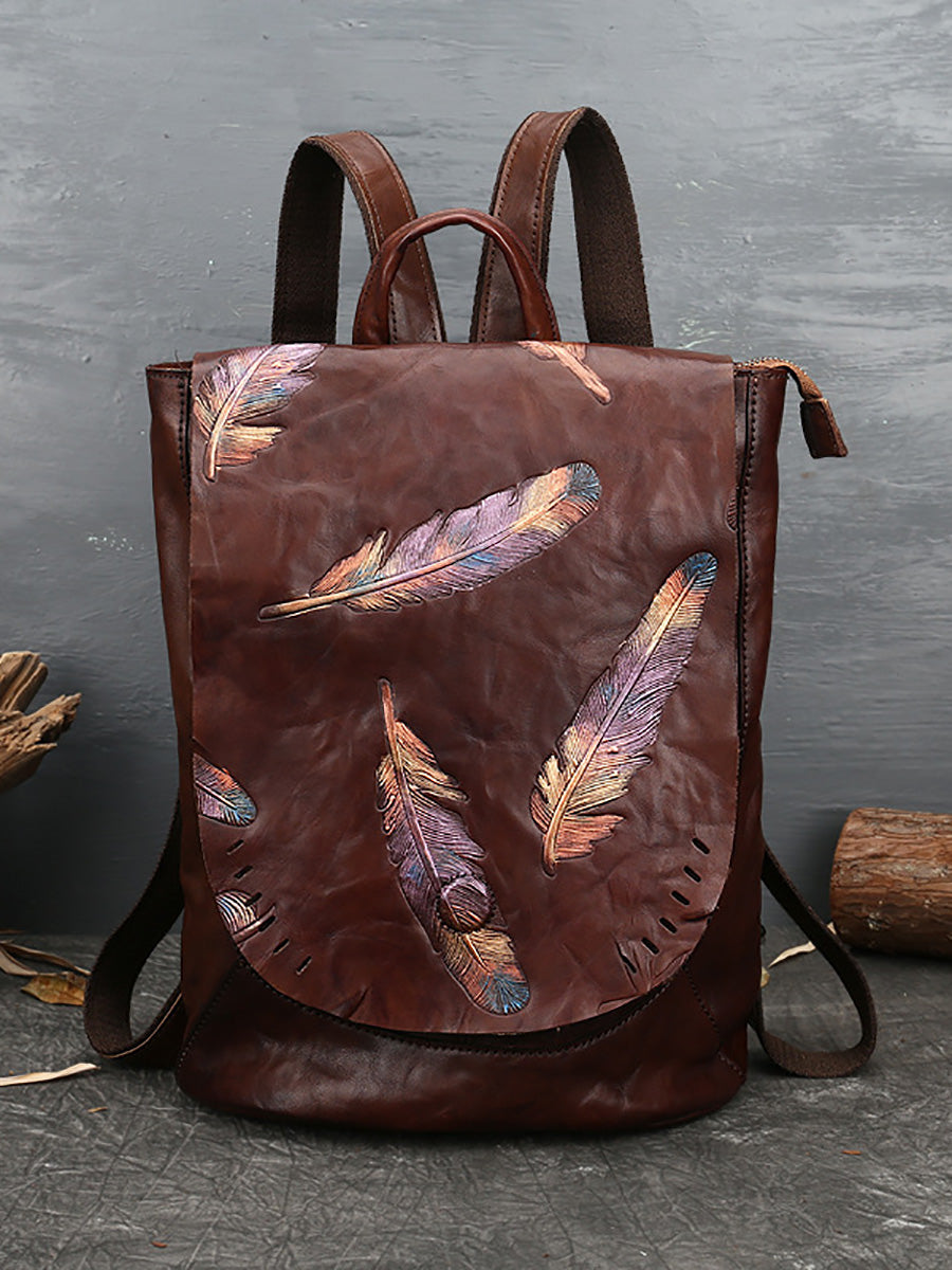 Sac à dos vintage en cuir avec motif de plumes pour femme AH1089