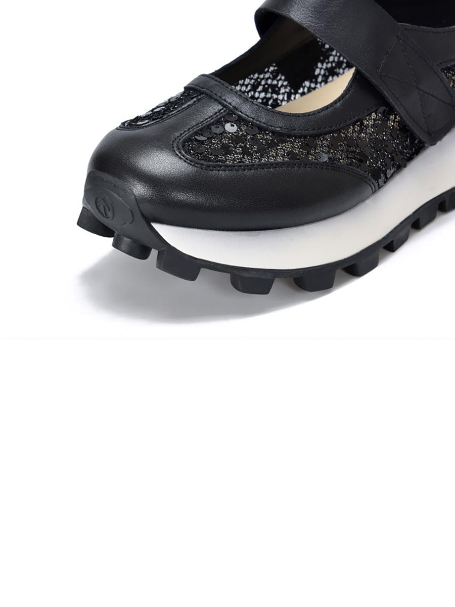 Women Summer Leather Spliced Mesh Sequin Platform Shoes XX1022