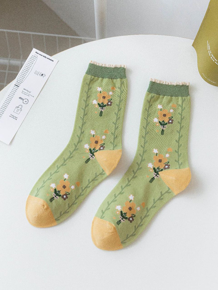 Lot de 5 paires de chaussettes mi-mollet vertes à motif floral artistique pour femmes IO1011