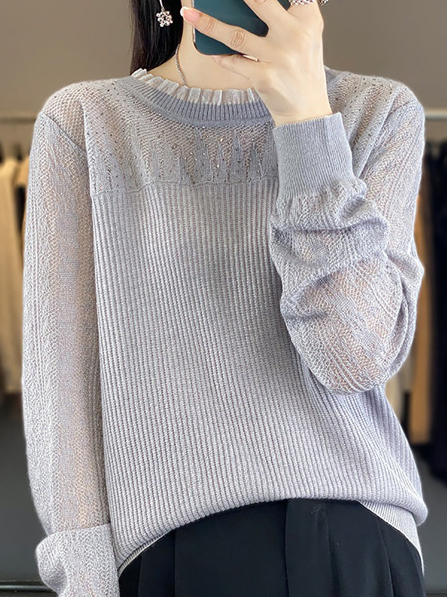 Women Autumn Solid Lace Knit Sweater QM030