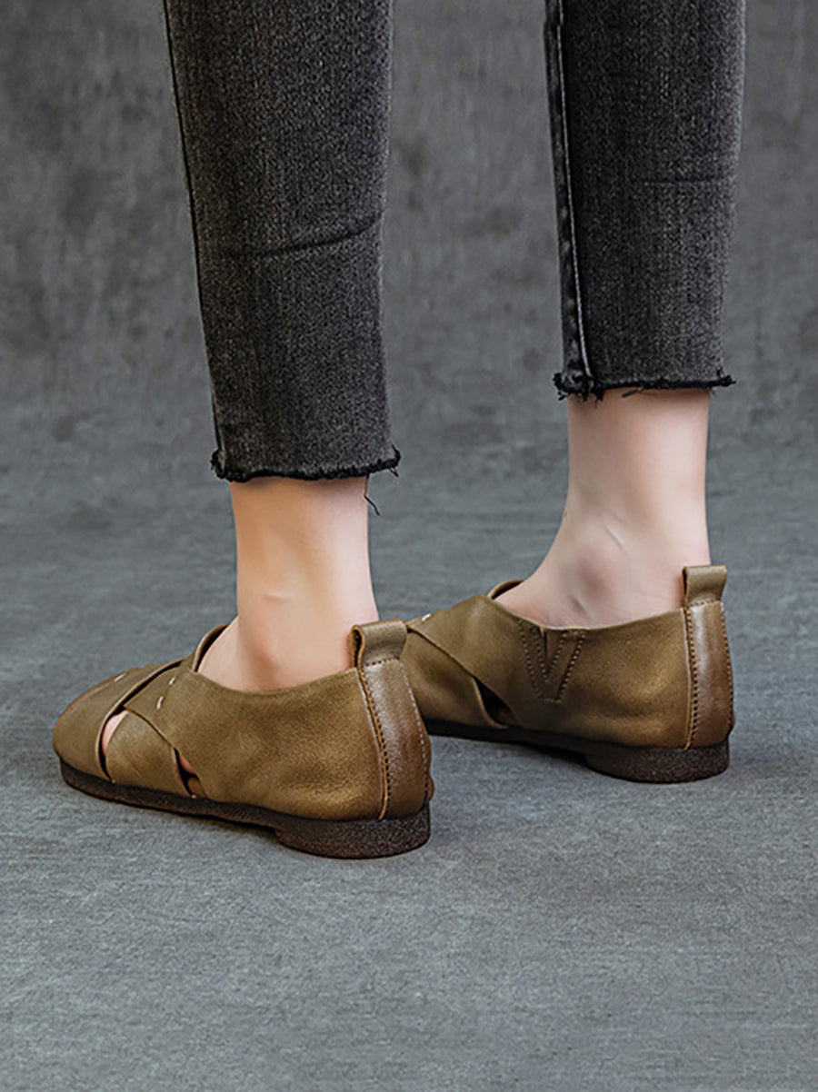 Sandales plates vintage en cuir véritable pour femmes