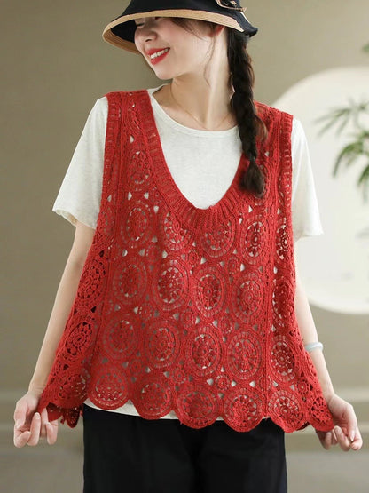 Women Artsy Knitted Cutout V-Neck Vest AS1046