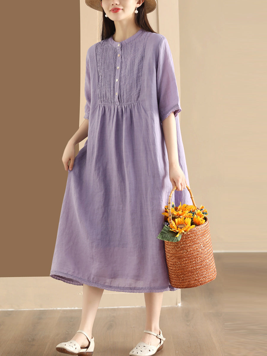 Women Summer Casual Solid Shirred Button Linen Dress HH019