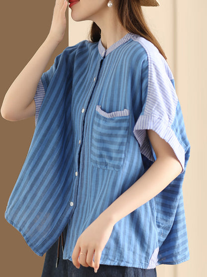 Women Summer Artsy Stripe Spliced Linen Shirt WE1039