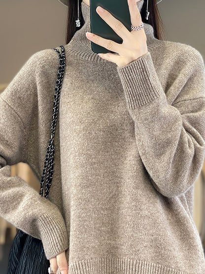 Women Autumn Casual Turtleneck Solid 100%Wool Sweater QU012