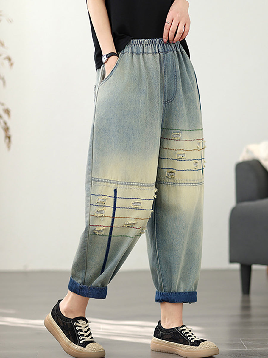 Hose Ausgefranste Retro Denim Haremshose Damen 